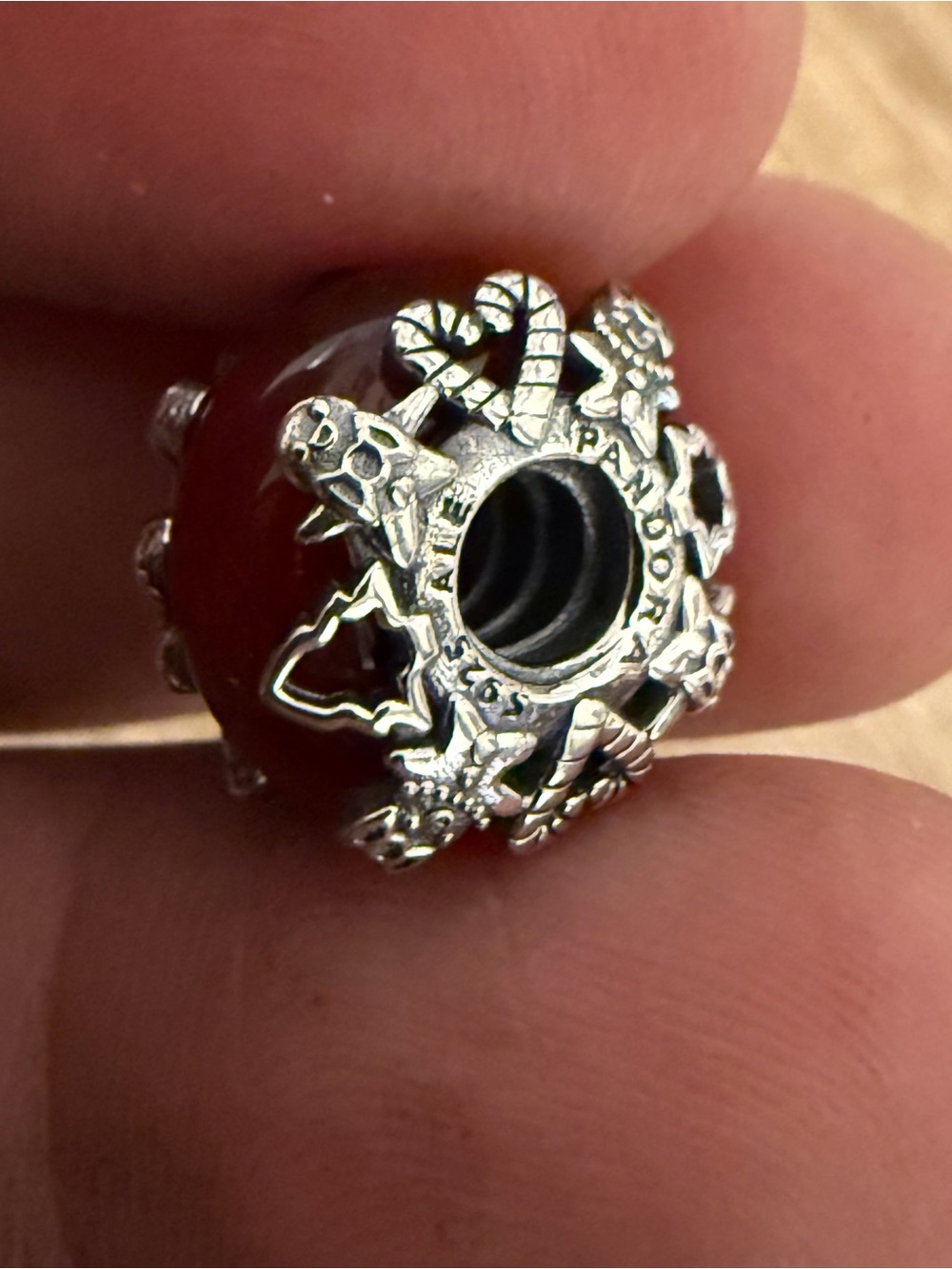 Pandora Red Glass Charm with Silver Holiday Motifs